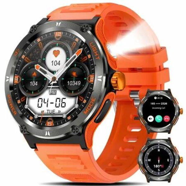 Smart Watch for Men, 1.53 Smartwatch with LED Strong Light 3ATM Waterproof Fitness Tracker with Compass, 100+ Sports Modes for Android iOS(Orange)