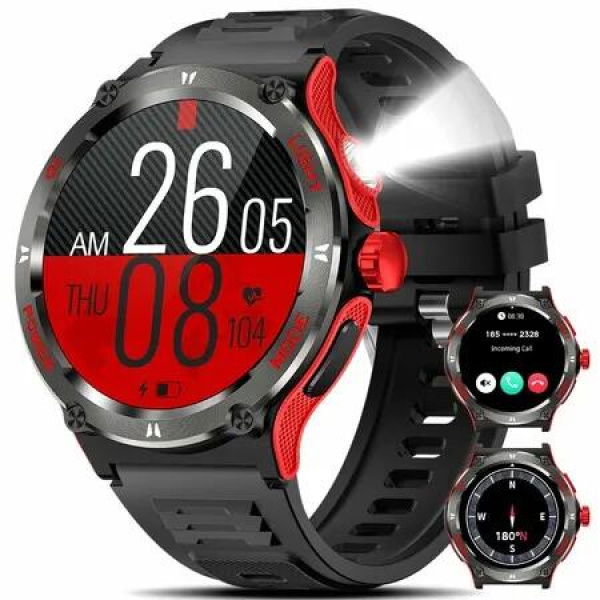 Smart Watch for Men, 1.53 Smartwatch with LED Strong Light 3ATM Waterproof Fitness Tracker with Compass, 100+ Sports Modes for Android iOS(Red)