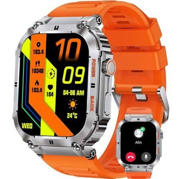 Smartwatch 100M Waterproof Rugged Military Smartwatch With Bluetooth Call (Answer/Dial Calls) 2-inch Ultra Large HD Display 70 Days Extra Long Battery Life 100+ Sports Modes Fitness Tracker (Orange)