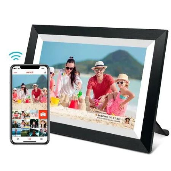 Smart WiFi 10.1-Inch Digital Photo Frame 1280x800 IPS LCD Touchscreen Auto-Rotate Portrait Landscape 16GB Memory Instantly Share Moments via Frameo App Black Wooden Frame