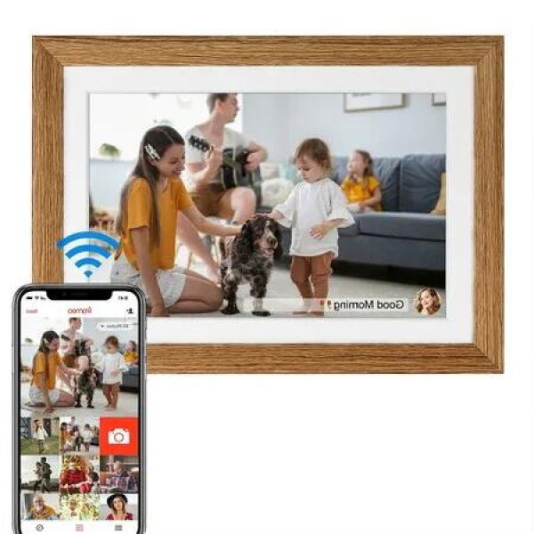 Smart WiFi 10.1-Inch Digital Photo Frame 1280x800 IPS LCD Touchscreen Auto-Rotate Portrait Landscape 16GB Memory Instantly Share Moments via Frameo App (Wooden)