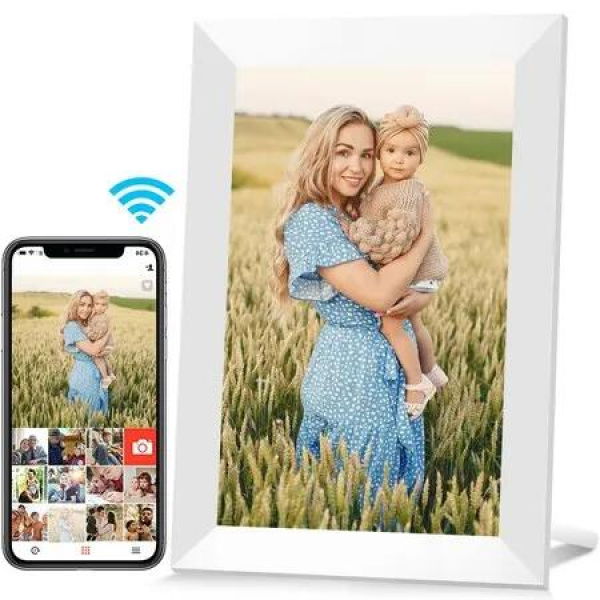 Smart Wifi 10.1 Inch Digital Photo Frame with 16GB Storage & Vivid 1280x800 IPS Touch Screen, Instantly Share Photos/Videos Anywhere via Easy-Setup App, Auto-Rotate Wall Mountable-White