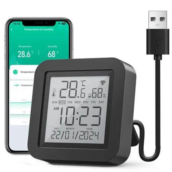 Smart WiFi Thermometer Hygrometer,Indoor Temperature Humidity Sensor Electronic Ink Display IR Contorl,App Notification Alert,Free Data Storage Export