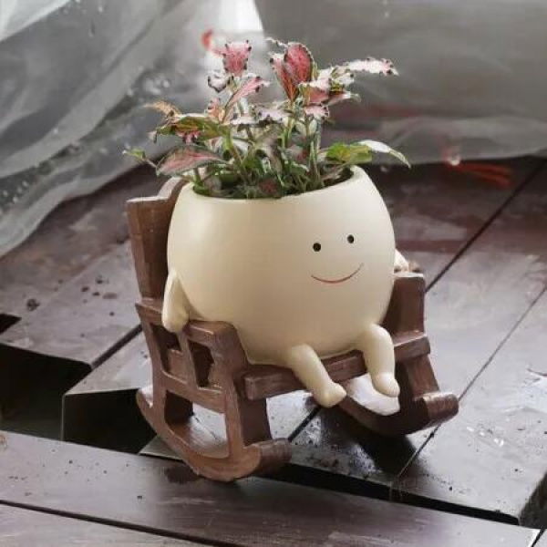 Smily Face Planter Pot Cute Resin Flower Head Planters Unique Sit Rocking Chair Succulent Pots Gift Idea for Christmas with Drainage Hole