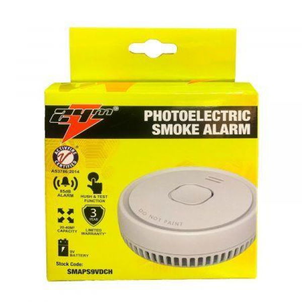 Smoke Alarm Fire Detector Photoelectric With 9V Battery 24m? Australian Standard.