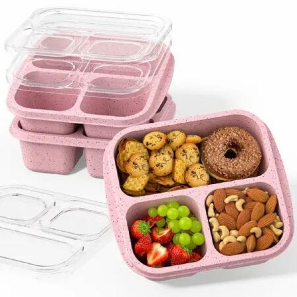 Snack Boxes,Stackable Bento Boxes with 3 Compartments,Meal Prep Containers Reusable,Lightweight Lunch Containers,3 Pack Pink