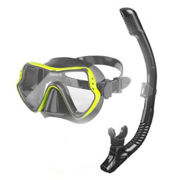 Snorkel Mask Set 180 Degree Anti Fog, Snorkel Set Scuba Diving mask with Soft Silicone Anti-Leak Comfortable Snorkel Set (Black Yellow)