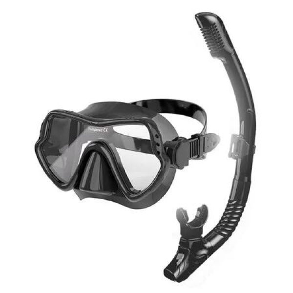 Snorkel Mask Set 180 Degree Anti Fog, Snorkel Set Scuba Diving mask with Soft Silicone Anti-Leak Comfortable Snorkel Set (Black)