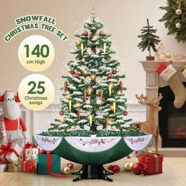 Snowing Christmas Tree Green Artificial Xmas Topper LED String Fairy Lights Decoration Ball Musical Snow Ornament Umbrella Stand 140cm