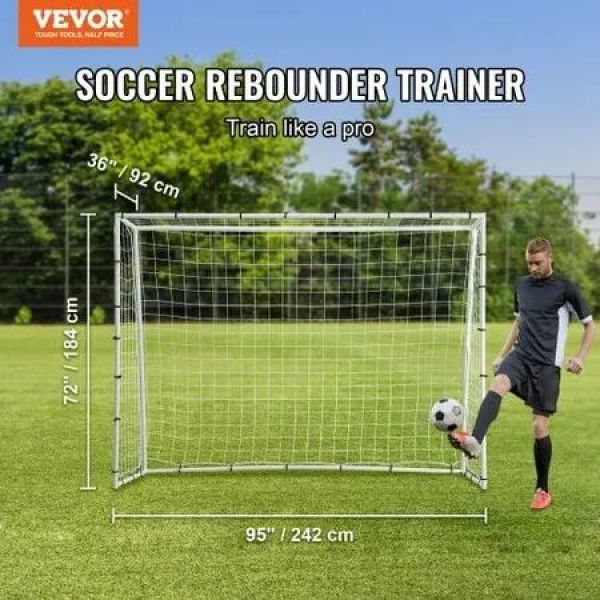 Soccer Rebound Trainer 8x6FT Iron Soccer Training Equipment Sports Football Rebounder Wall with Double-Sided Rebounding Net & Goal Perfect