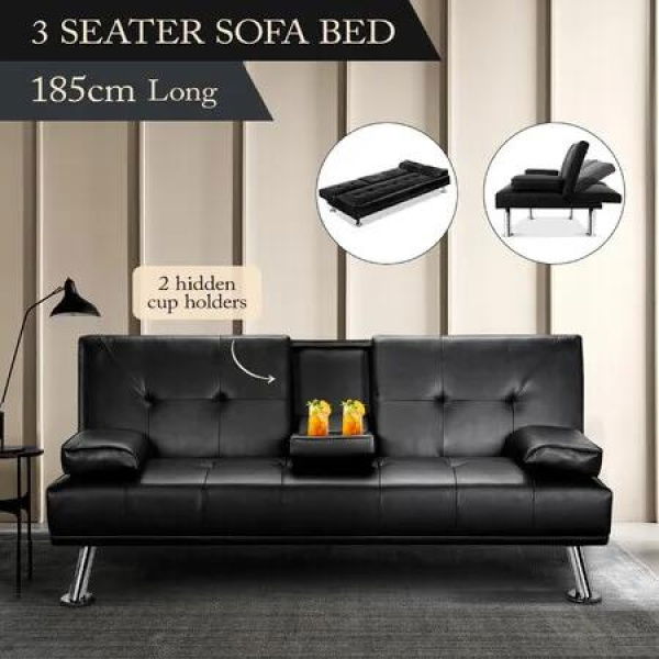 Sofa Bed Couch Lounge Futon Mattress 3 Seater Leather Recliner with Cup Holders Armchair Daybed Folding Guest Beds Black