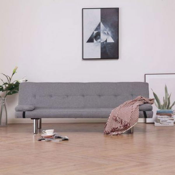 Sofa Bed Couch Polyester Light Grey With Two Pillows