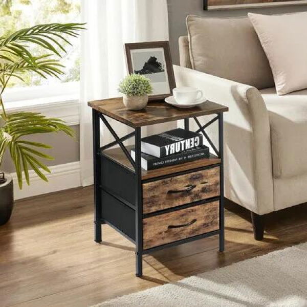 Sofa Bedside Table Narrow End Nightstand Bedroom Home Furniture Couch Accent Storage Cabinet 2 Drawers Open Shelves