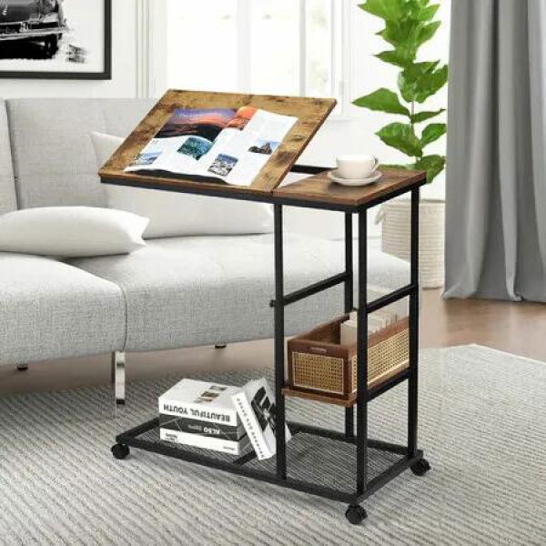 Sofa Side Table Bedside Narrow Couch End Desk Laptop Stand Nightstand Bedroom Home Furniture with Tiltable Top Board Shelves