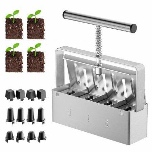 Soil Blocker,4 Cell Soil Block Maker 2 Inch with 3 Sizes Seed Pins,Seed Handheld Block Maker with Comfortable Handle,Garden Blocking Tools