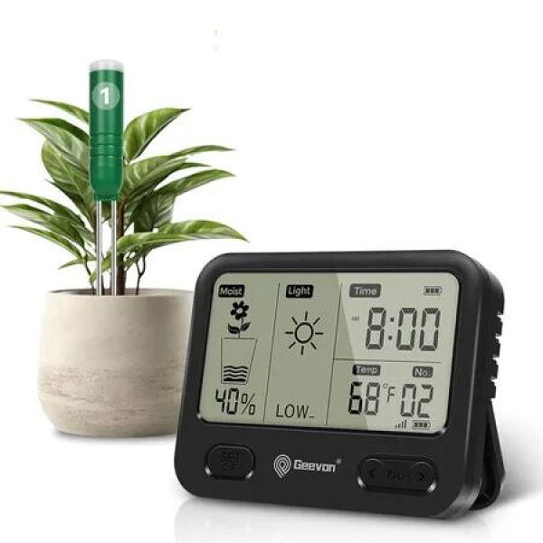 Soil Moisture Meter with Sensors, Soil Tester with Digital LCD Display and Moisture, Temperature, Sunlight, Time, 4 in 1 Test Kit for Garden