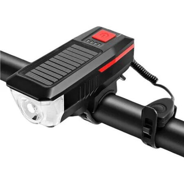 Solar and USB Rechargeable Mountain Bike Night Cycling High Brightness Bike Front Light and 120dB Horn Bicycle Light Red
