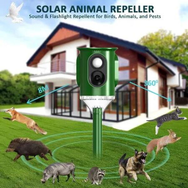 Solar Bird Animal Repellent Scarer Ultrasonic Pest Rat Repeller Motion Sensor 360 Degree Deterrent for Pet Cat Dog Mouse Deer Possum Garden LED Light
