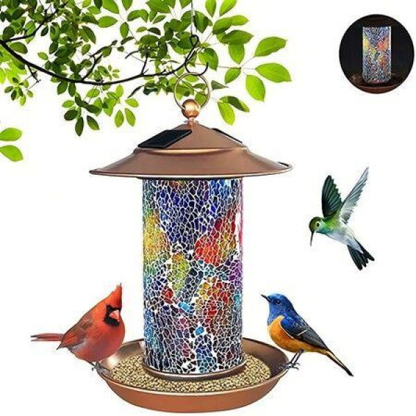 Solar Bird Feeders For Garden Hanging Bird FeederMosaic And Copper Waterproof Yard Lantern Decoration For Cardinals Bird Feeder