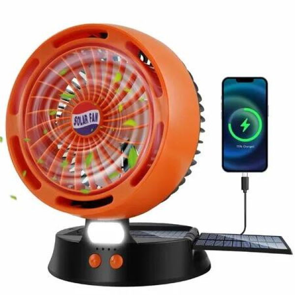 Solar Camping Fan with LED Lantern Rechargeable Portable Fan with 5W Solar Panel Battery Operated Fan for Outside Picnic,Fishing,Outdoor Tent-Orange