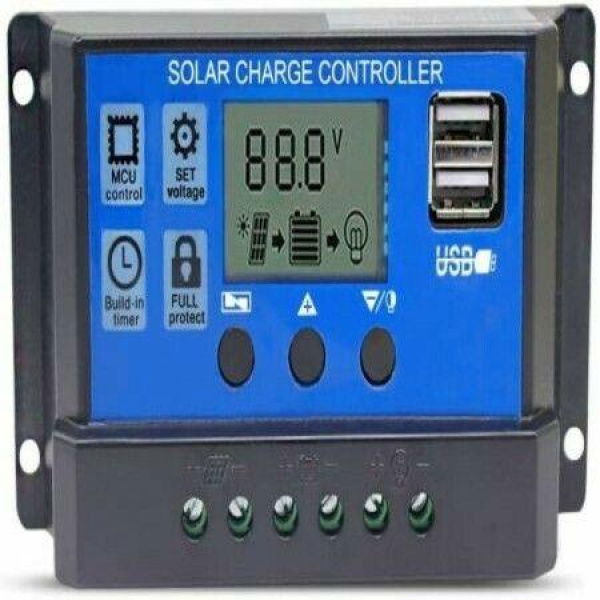 Solar Charge Controller 20A Solar Panel Battery Controller 12V/24V PWM Solar Controller Intelligent Regulator Adjustable LCD Display With Dual USB Load Timer Setting ON/OFF Hours.