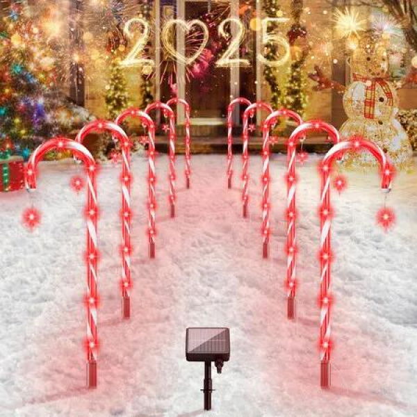 Solar Christmas Lights Candy Cane Pathway 80 Red LED Outdoor Waterproof IP65 8 Modes 10 Pcs