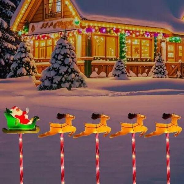 Solar Christmas Pathway Lights, 8 Light Modes, Santa Sleigh and Reindeer Outdoor Decoration, Christmas Yard Lights