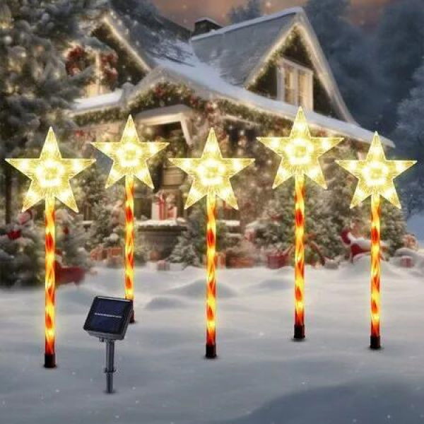 Solar Christmas Pathway Star Lights Outdoor Decorations, Xmas Tree Lights Waterproof LED Garden 5-Pack