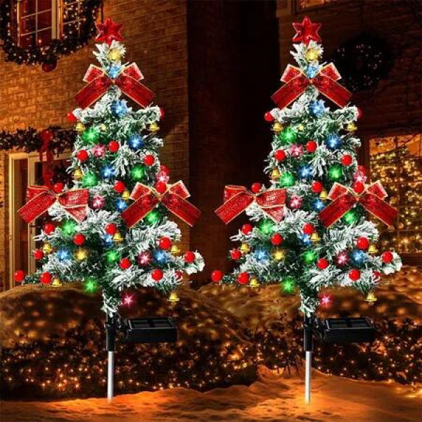 Solar Christmas Tree Lights Outdoor Decorations 2pcs Yard Pathway Decor Sidewalk Driveway Walkway Festive Xmas Ornaments