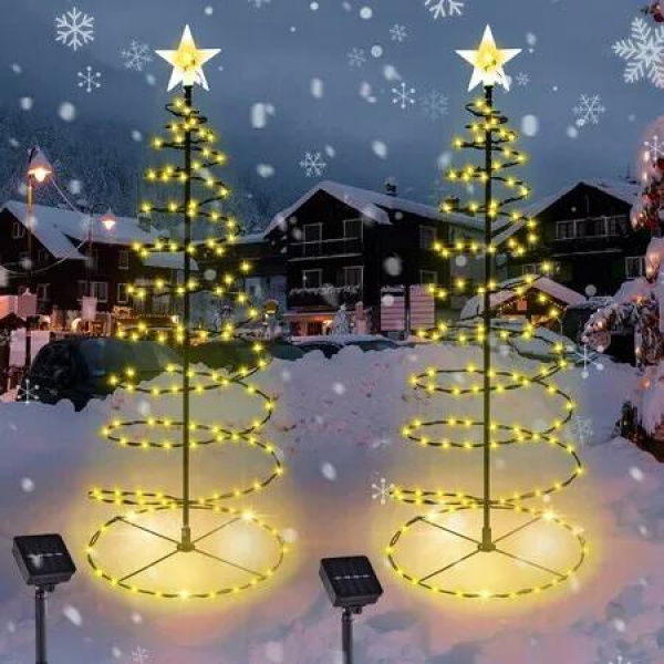 Solar Christmas Tree Lights Spiral 32In/81cm Outdoor 8 Modes Pathway Waterproof Prelit Warm Light 2 Pcs