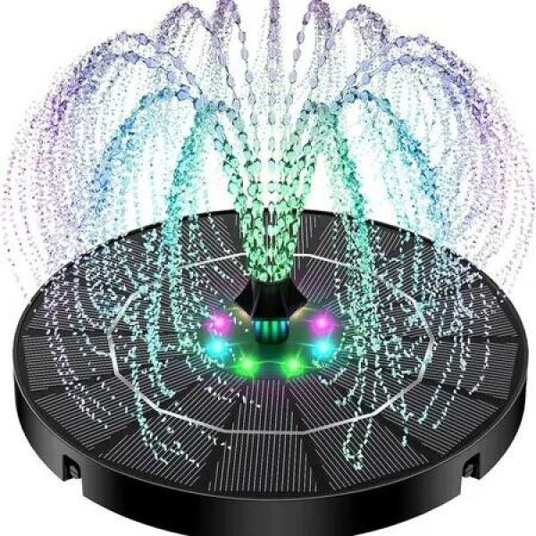 Solar Fountain with Colorful Lights,High Efficiency Solar Water Fountain with 2200mAh Battery 7 Nozzles and 4 Fixer,Solar Fountain for Bird Bath Garden