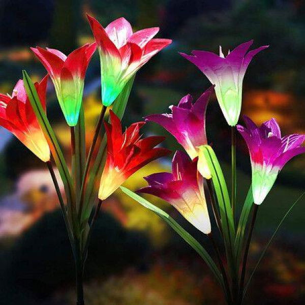 Solar Garden Lights Multi-Color Changing Lily Solar Flower Lights For Patio Yard Decoration (2 Pack Purple And Red)