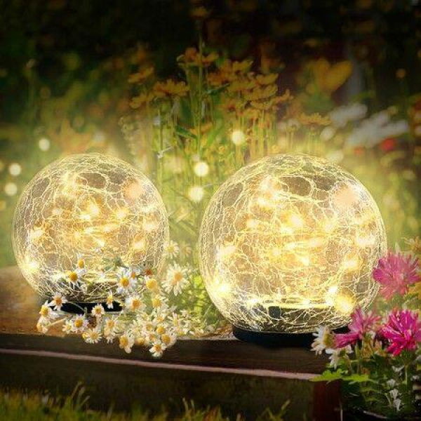 Solar Garden Lights Outdoor 2 Packs Cracked Glass Ball Waterproof 30 LED For Patio Garden Yard Lawn Outdoor Decoration Diameter 12cm (Warm White)