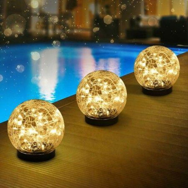 Solar Globe Lights Outdoor Garden Decor Solar Balls For Garden Crackle Glass Solar Lights Yard Decor For Outdoor Decorations Pathway Patio Yard Lawn (Warm Light 3 Pack)