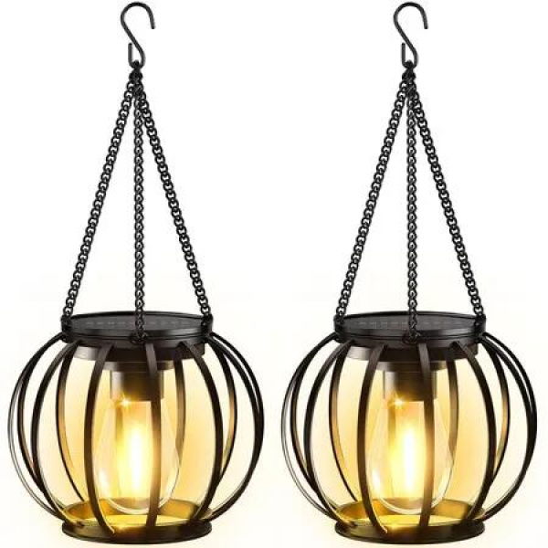 Solar Lanterns Outdoor Lights,Metal Solar Lantern Lights,Brighter Hanging Solar Lights Outdoor Waterproof,Auto On/Off Outdoor Solar Lights for Yard Garden Patio Pathway Decor 2 Pack