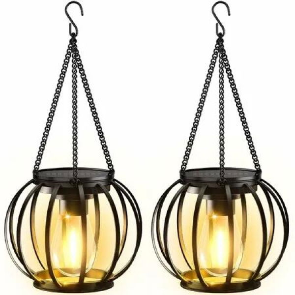 Solar Lanterns Outdoor Waterproof,Metal Hanging Solar Lights Outdoor Lanterns,Brighter Auto On/Off Outdoor Hanging Lantern 2 Pack
