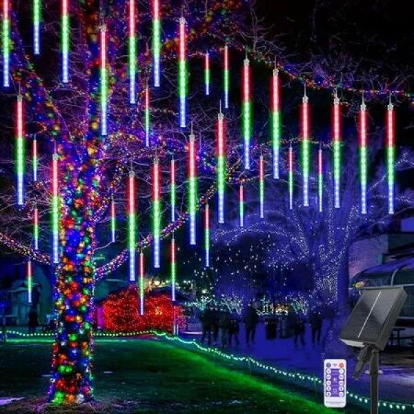 Solar Meteor Shower Lights 10 Tubes 30cm 6.6m Remote Waterproof String Lights Party Wedding Tree Halloween Christmas Outdoor Decorations Col.Blue