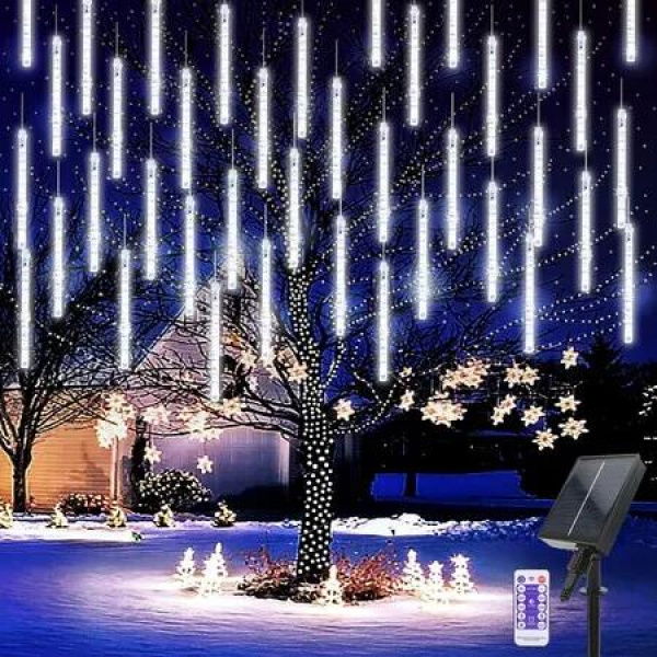 Solar Meteor Shower Lights 10 Tubes 30cm 6.6m Remote Waterproof String Lights Party Wedding Tree Halloween Christmas Outdoor Decorations Col.Blue