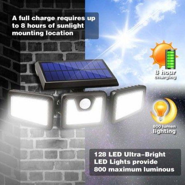 Solar Motion Sensor Lights Outdoor 3 Adjustable Heads 270 Wide Angle Illumination IP65 Waterproof Security LED Flood Light