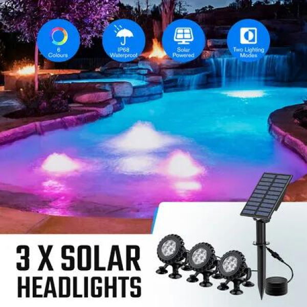 Solar Outdoor Light 3 Heads RGB Pond Fish Tank Landscape Garden Spotlight Pool Aquarium Underwater LED Multicolour Waterproof