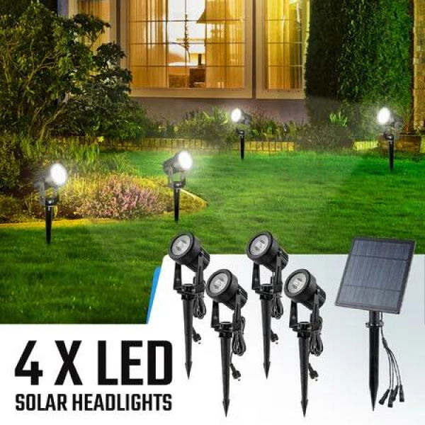 Solar Outdoor Spotlight 4 Headlights Exterior Landscape Lamp Garden Outside Wall Driveway LED 6000K Cool Light Waterproof