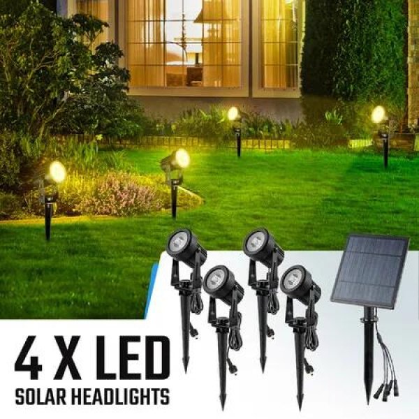 Solar Outdoor Spotlight 4 Headlights Garden Exterior Lamp Landscape Wall Outside Driveway LED 3000k Warm Light Waterproof