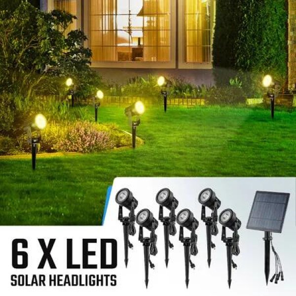 Solar Outdoor Spotlight 6 Headlights Exterior Lamp Garden Landscape Outside Wall Driveway LED Waterproof 3000k Warm Light