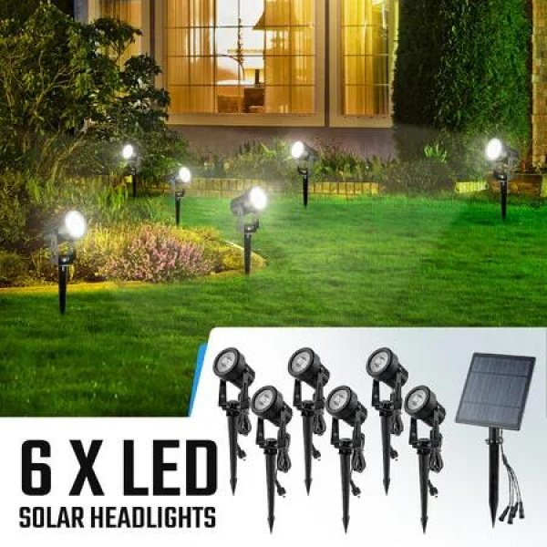Solar Outdoor Spotlight 6 Headlights Landscape Exterior Lamp Wall Outside Driveway Garden LED 6000K Cool Light Waterproof