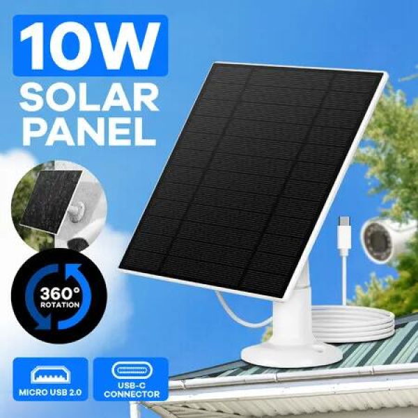 Solar Panel for Security Camera CCTV Surveillance System with Rechargeable Battery IP65 Waterproof 3m Cable Adjustable Bracket Micro USB-C Ports 10W