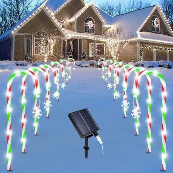 Solar Pathway Christmas Lights 12Pcs Candy Cane Outdoor Garden Decoration Walkway Porch Lawn Yard Green Red White Energy Saving