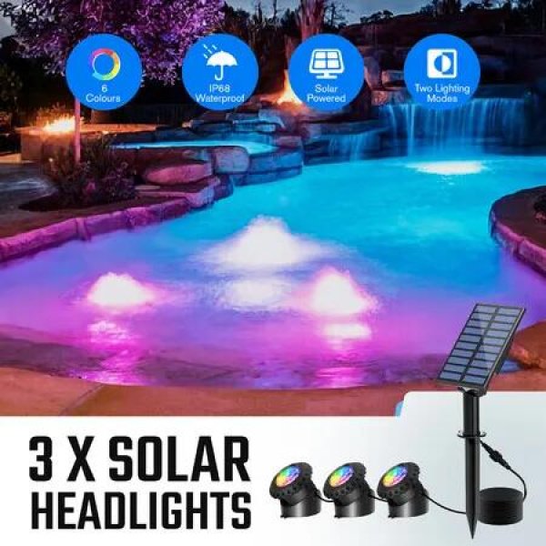 Solar Pond Outdoor Light 3 Heads RGB Landscape Spotlight Pool Fish Tank Fountain Submersible Lamp Waterproof Multicolours