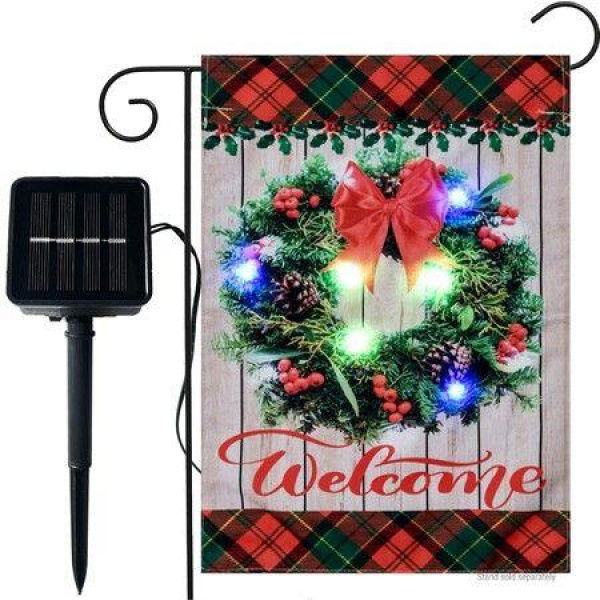 Solar Power Lighted Christmas Welcome Wreath Garden Flag with Lights- Solar LED Burlap Welcome Sign Small Garden Flags Banner 45x30cm