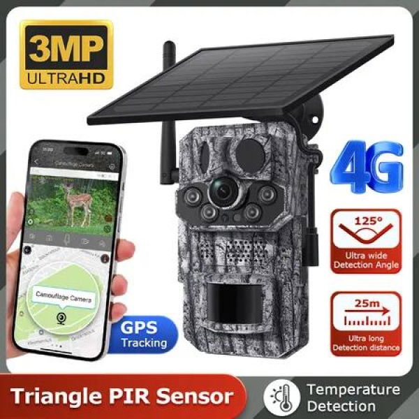 Solar Powered Security Camera 4G 3MP Outdoor Hunting Home Surveillance System Battery House CCTV 360 Degree View Wildlife Animal Motion Monitoring Cam