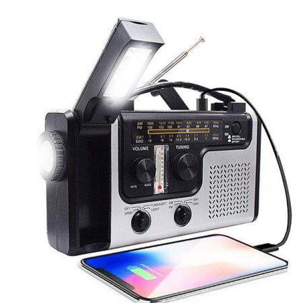 Solar-powered Starting Dynamo AM/FM/NOAA Radio Flashlight LED Reading Light Cell Phone Charger With USB Adapter.